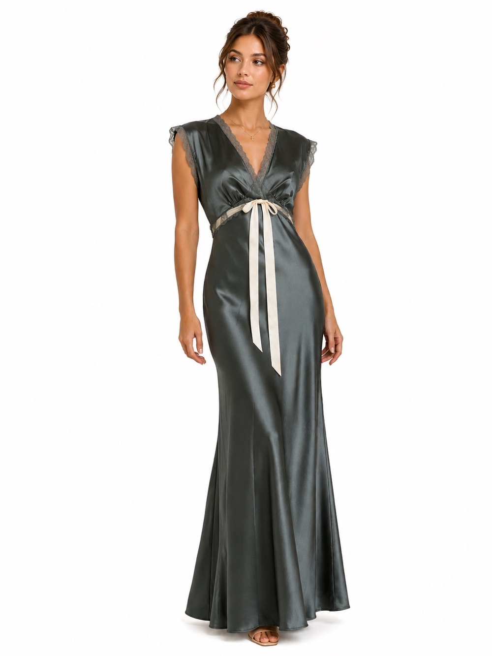 Satin Maxi Slip Dress Smoky Green Grey Long Lace Trim Empire Waist NWT Small